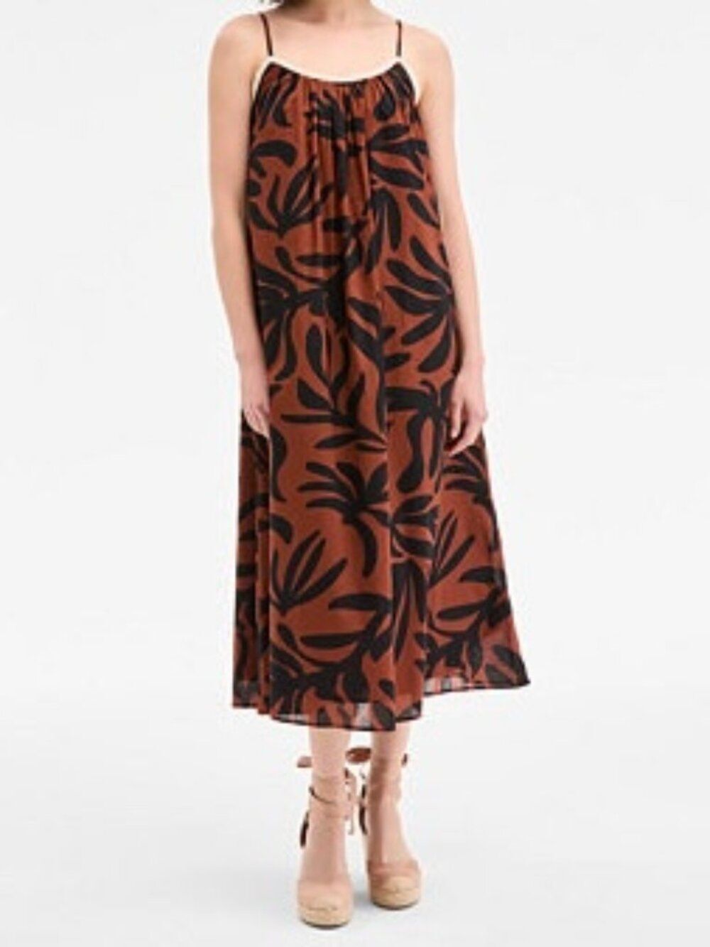 On-34th Brown/Black leaf print Crochet Detail Midi Slip dress